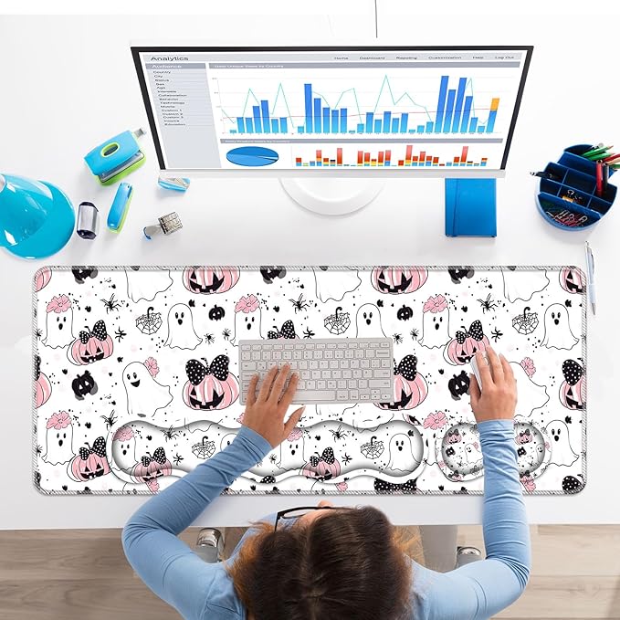 Keyboard Wrist Rest SetMemory Foam Wrist Support Mouse Pad31.5x11.8 Desk Mat for Comfortable Typing &amp Pain ReliefNon-Slip Base for Office &amp Home Use - Cute Ghost Skull Pumpkin