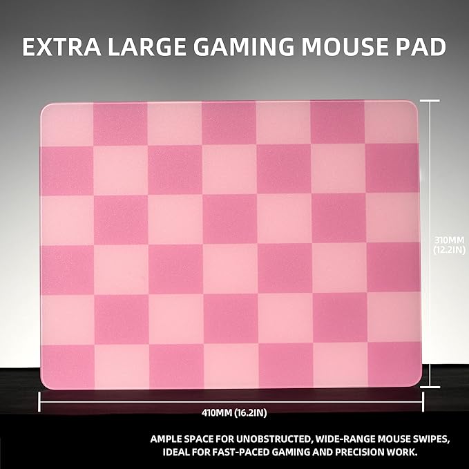 Pink Checkerboard Tempered Glass Gaming Mouse Pad Large Hard Mouse Mat 410mm×310mm Ultra-Smooth Glass Surface for Speed &amp Precision Control