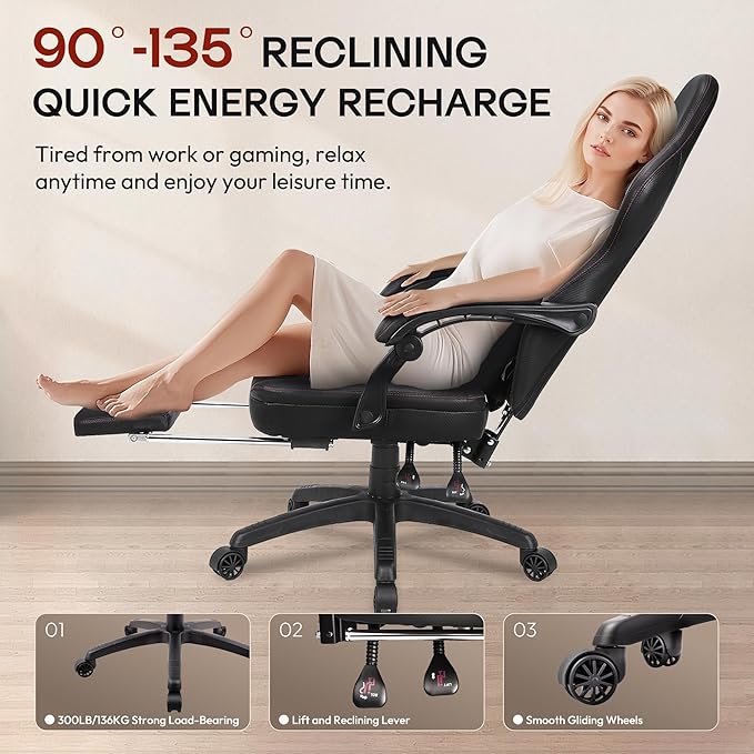 Dowinx Gaming Chair Breathable PU Leather Gamer Chair with Footrest Massage Lumbar Support Big and Tall Ergonomic Reclining Computer Chair with Pocket Spring Cushion for Adults Teens(Black)