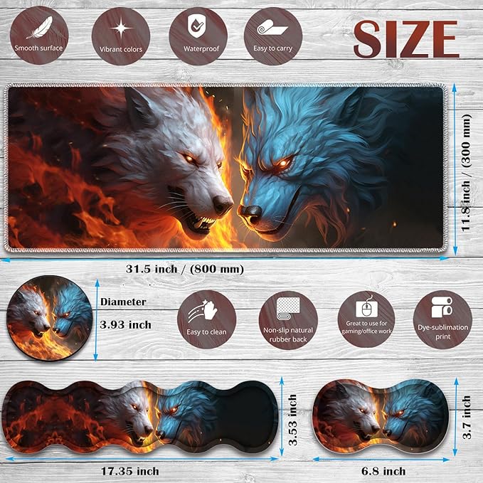 Gaming Mouse Pad Set Large Gaming Mouse Pad+Keyboard Wrist Rest+Mouse Wrist Rest+Coaster Easy Typing Pain Relief 31.5 × 11.8 inch Desk Mat for Home Office - Ice Wolf and Fire Wolf