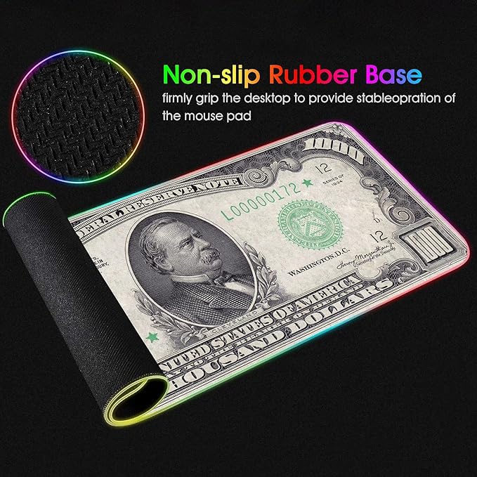 RGB Gaming Mouse Pad with Coffee Coaster XXL Large Glowing LED Mousepad Anti-Slip Rubber Base Computer Keyboard Desk Mouse Mat 31.5 X 11.8 Inch - 1000 Dollar Bill
