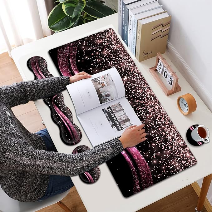 Extended Gaming Mouse Pad 31.5x11.8 Big Desk Mat Ergonomic Memory Foam Keyboard Wrist Rest Support for Home Laptop Working Office Desk Pad with Non-Slip BaseRose Gold Sparkle Large Mouse Pad