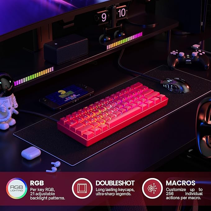 Mechanical Gaming Keyboard - 61 Keys Multi Color RGB Illuminated LED Backlit Wired Programmable for PC/Mac Gamer (Gateron Optical Yellow Red)