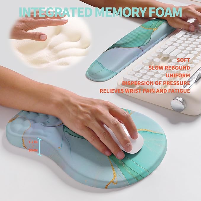 2-in-1 Ergonomic Set Wave Rise Keyboard Wrist Rest and Massage Bulge Slope Mouse Pad Wrist Support Cushion Memory Foam Integrated to Relieve Wrist Pain Blue Gold Marble
