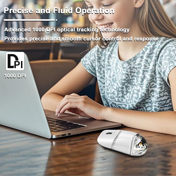 Wireless Mouse with Liquid Water Section &amp Floater Animal Portable Retro Silent Cute Aqua Mouse with USB Receiver Lightweight 1000DPI Optical Clear Water Mice for Laptop PC Computer (White Pengui