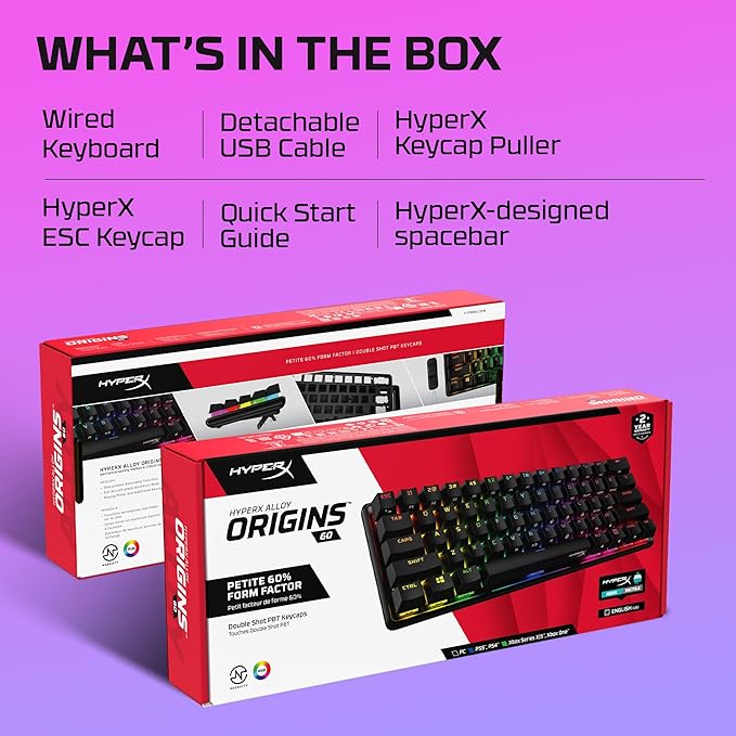 HyperX Alloy Origins 60 - Mechanical Gaming Keyboard - Ultra Compact 60% Form Factor - Tactile Aqua Switch - Double Shot PBT Keycaps - RGB LED Backlit - NGENUITY Software CompatibleBlack
