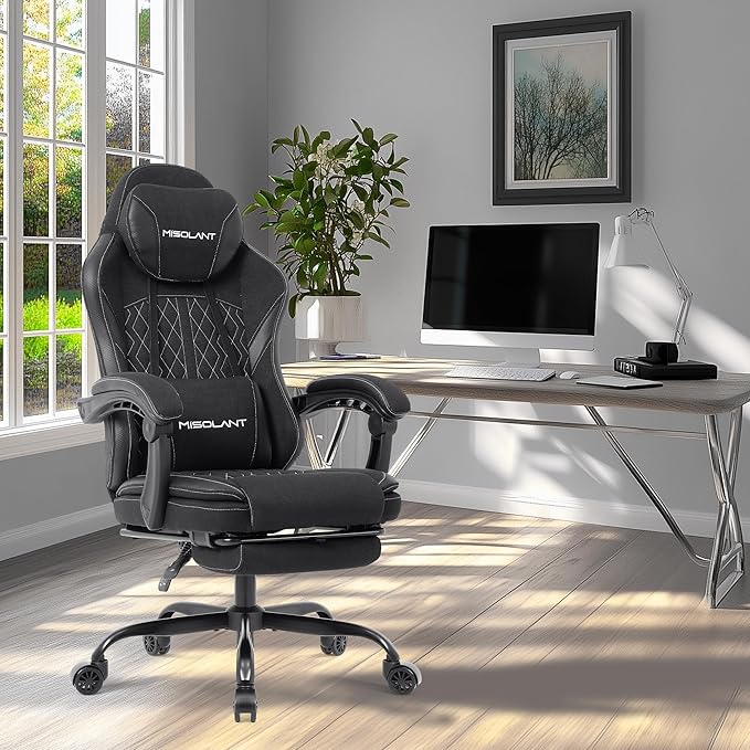 Misolant Gaming Chair Fabric Gamer Chair with footrest for Adults High Back Ergonomic Computer Game Chair with Adjustable Headrest and Massage Lumbar Support 90-155° Recline FreeBlack