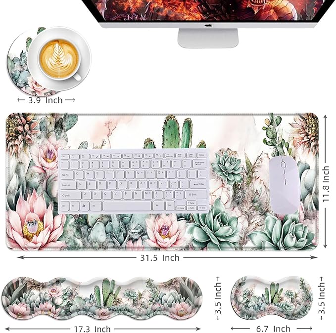 Mouse PadLarge Desk Mat Set 4in1 XL Mousepad + Keyboard Wrist Rest+Mouse Wrist Rest+Coaster with Ergonomic Desk Pad for Home Office Table Computer Cover -Cacti Succulents with Flowers