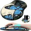 Mouse Pad with Wrist Support Gel Blue Butterfly Pattern Design Ergonomic Gaming Mousepad with Wrist Rest for Laptop Computer Home Office Working Mouse Mat + A Cute Coffee Pad