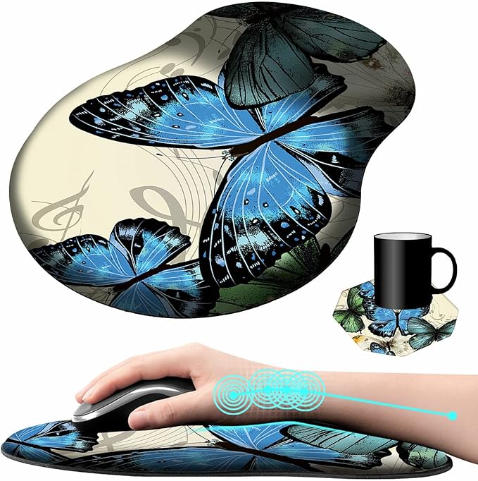 Mouse Pad with Wrist Support Gel Blue Butterfly Pattern Design Ergonomic Gaming Mousepad with Wrist Rest for Laptop Computer Home Office Working Mouse Mat + A Cute Coffee Pad