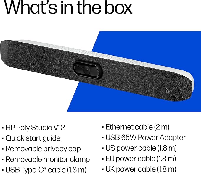 Poly Studio V12 – USB Video Bar for Small Rooms - 4K 20MP Camera AI-Enhanced Audio Noise Cancellation Poly Lens Management - Microsoft Teams Zoom &amp Google Meet Compatible - Thoughtfully Made