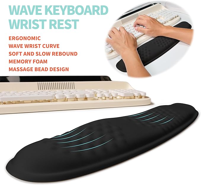 2-in-1 Ergonomic Set Wave Rise Keyboard Wrist Rest and Massage Bulge Slope Mouse Pad Wrist Support Cushion Memory Foam Integrated to Relieve Wrist Pain Black