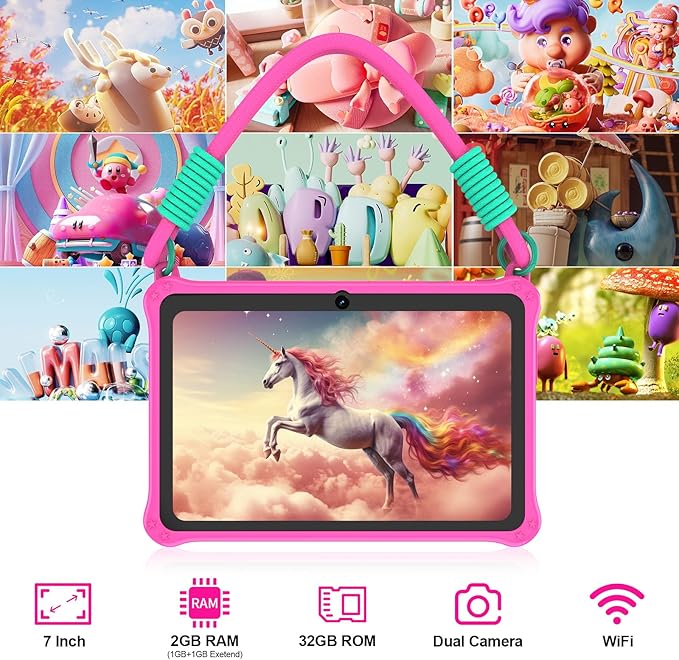 PRITOM Lanyard Kids Tablet 7 inch 32GB Toddler Tablet Android 13 with WiFi Dual Camera Education Games Kids Software Pre-Installed Parental Control Pink