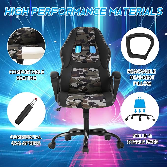 BLKMTY PC Gaming Chair Ergonomic Desk Chair Adjustable PU Leather Racing Chairs with Lumbar Support Armrest High Back Swivel Computer Chairs for Adults Camo