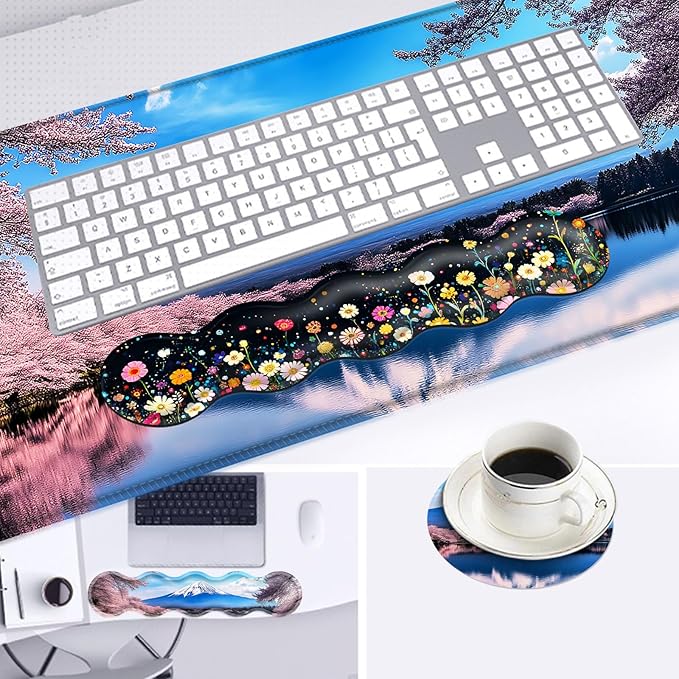 Large Mouse Pad and Keyboard Wrist Rest Desk Pad for Keyboard and Mouse 4-in-1 Large Gaming Mouse Pad with Wrist Support Desk Mat for Home Office Study GameCherry Blossoms in The Lake