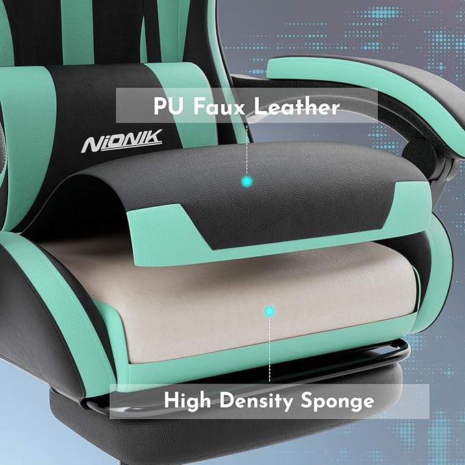 Gaming Chair Ergonomic Computer Chair with Footrest and Lumbar Support Height Adjustable Game Chair with 360°-Swivel Seat and Headrest and for Office or Gaming BLACKMINTGREEN