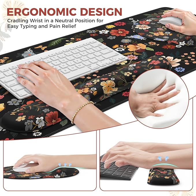 iCasso Desk Cover Mat 4in1 Floral Large Mouse Pad with Wrist Rest Desk Matt for Desktop Anti-Slip XXL Big Computer Ergonomic Mousepad with Wrist Support for Keyboard and Mouse (Flowers)