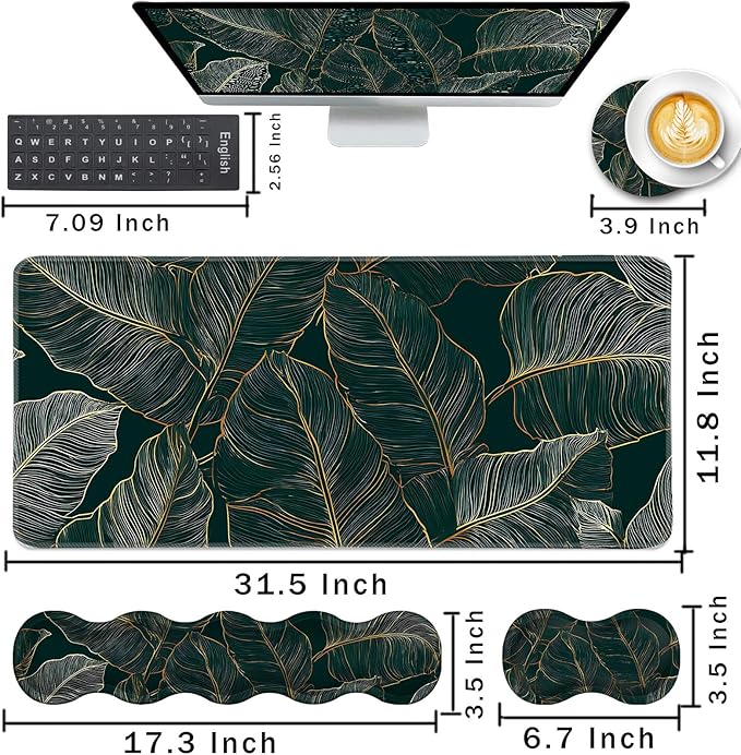 Keyboard Wrist Rest and Mouse Pad with Wrist Support Set Ergonomic CoasterMemory FoamEasy Typing Pain ReliefLarge XL Desk Mat 31.5x 11.8Tropical Leaves