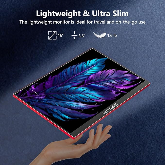 WUAWE Portable Monitor 16 inch Gift for Girls 1920x1200P FHD 100% sRGB for Drawing &amp Design USB C HDMI External Screen Ultra-Thin Metal for Laptop/Mac/Phone/Xbox/PS5(Red)