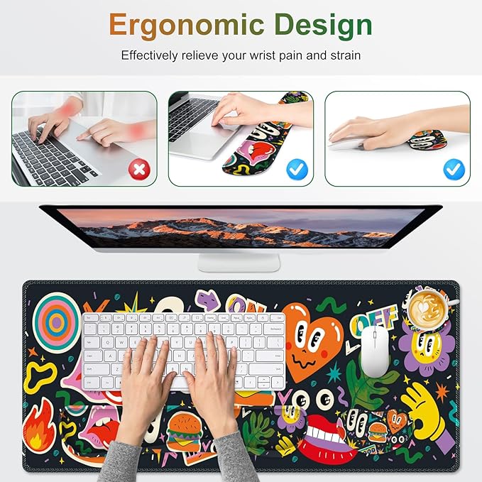 Large Gaming Mouse Pad Set 4 in 1 Extended Keyboard Desk Mat with Wrist Rest Computer Game Mousepad Non-Slip Desk Pad Protector Easy Typing Pain Relief for Home Office I Cartoon Heat Lips