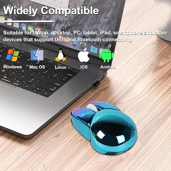 Wireless Mouse Bluetooth Cute Bunny Dual-Mode Computer Mouse Portable Small 2.4G Optical Mouse with USB Receiver Silent Blue Kawaii Rabbit Cordless Mouses for Laptop PC Computer Desktop iPad Macbook