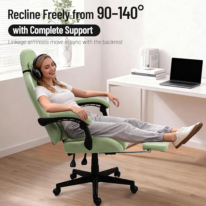 Big and Tall Gaming Chair Fabric with Pocket Spring Cushion High Back Heavy Duty Gaming Chairs for Adults with Massage Lumbar Ergonomic Computer Chair with Footrest 400LBS Fabric Green
