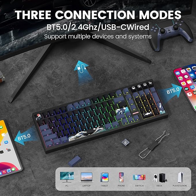 Womier Wireless Gaming Keyboard Mechanical Keyboard 98% Creamy Keyboard RGB Backlit with Number Pad and Volume Knob BT5.0/2.4GHz/USB-C Mode Hot Swappable Custom Keyboard with Linear Switches