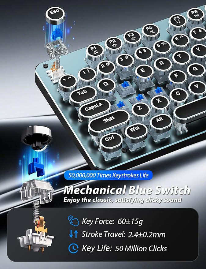 Typewriter Style Mechanical Gaming Keyboard Blue Switch Rainbow LED Backlit Wired Computer Keyboards Mouse and Pad Combo Metal Panel Retro Punk Round Keycaps 104 Keys Anti-Ghost for PC Laptop Gamer