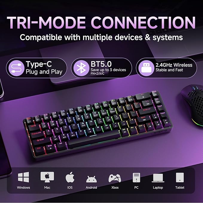 DIERYA DK68 Wireless Mechanical Keyboard 60% Gaming Keyboard with Blue Switch Triple Mode 2.4GHz/USB-C/BT5.0 RGB Backlit Anti-Ghosting Keys 68 Keys Portable Mini Wired Office Keyboard-Black