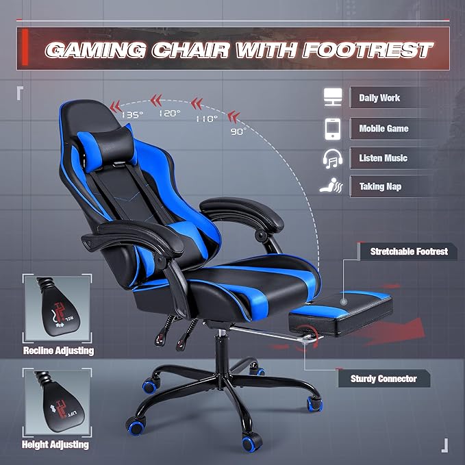 Furmax Gaming Chair Video Game Chair with Footrest and Massage Lumbar Support Swivel Seat Height Adjustable Computer Chair with Headrest Racing E-Sport Gamer Chair (Blue)