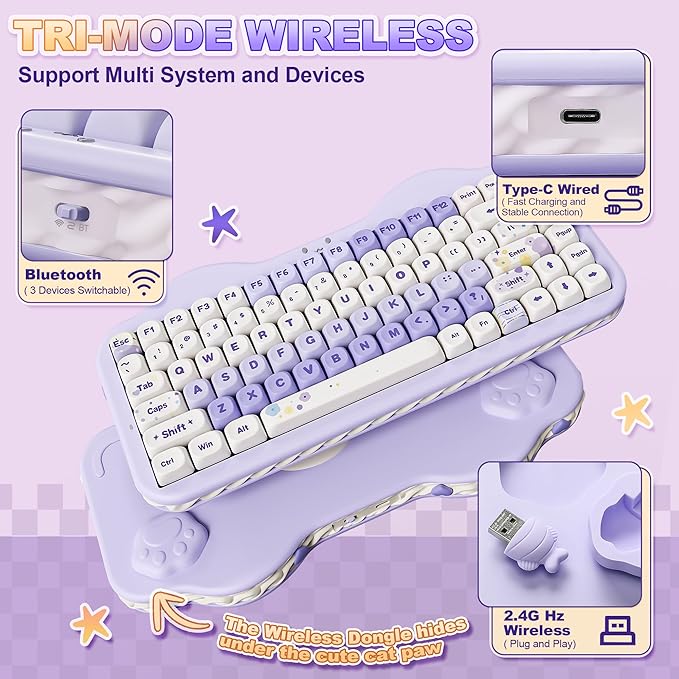 YUNZII C75 Wireless Mechanical Keyboard75% Layout Hot-Swappable NKROBT5.0/2.4G/USB-C ModeDye-Sub PBT MOA KeycapsRGB Gasket MountCute Cake Design for Mac/Win/Gaming (Purple Candy Switch)