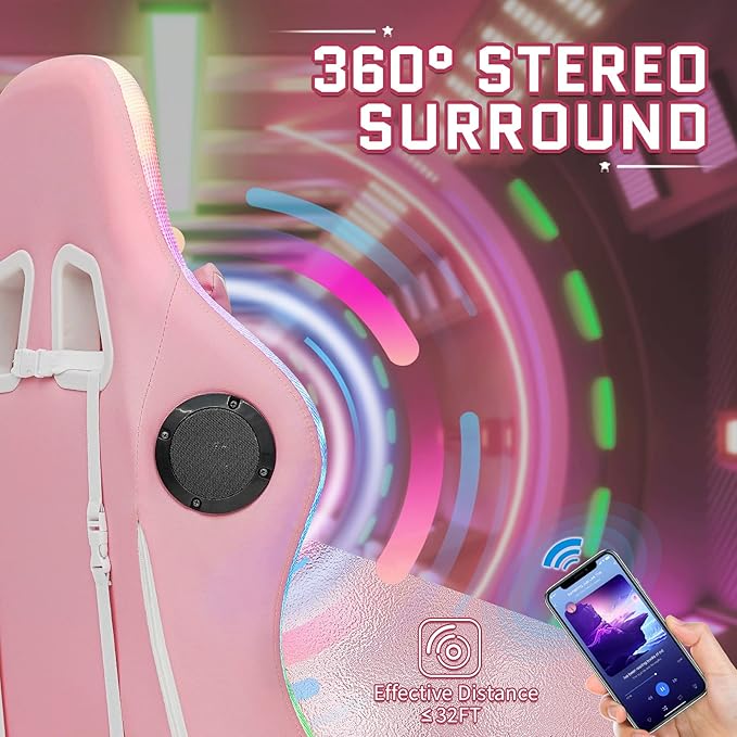 HOFFREE Pink Gaming Chair with Bluetooth Speakers and LED RGB Lights Cute Ergonomic Massage Computer Gaming Chair with Footrest High Back Video Game Chair with Lumbar Support Pink and White