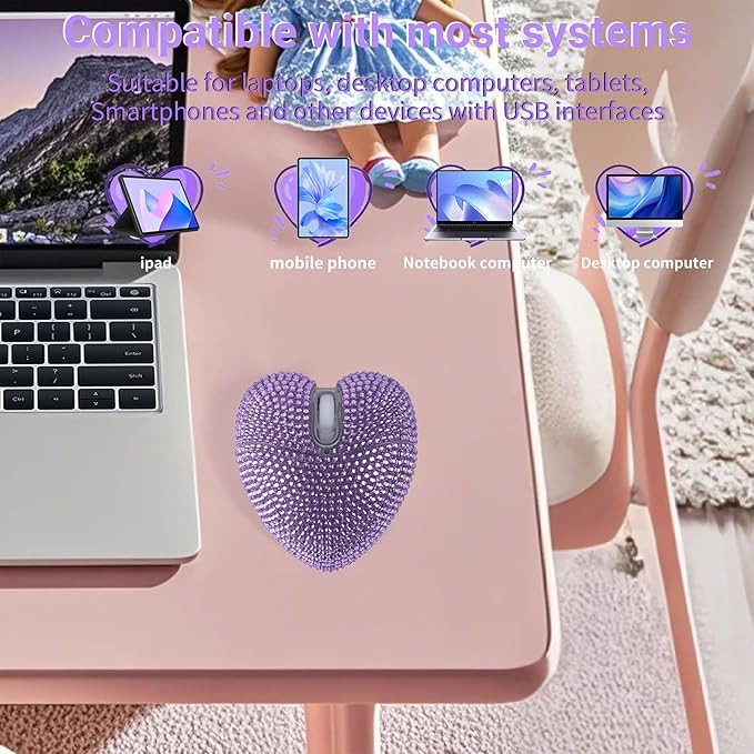 elec Space Stylish Heart-Shaped Wireless Bluetooth Mouse – Rechargeable Silent RGB Light and Perfect for Laptop &amp PC (Purple)