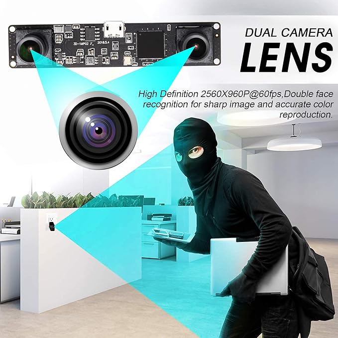Dual Lens USB Camera Module 960p 60fps 3D Stereo Synchronized Webcam Board Module1.3mp Double Lens USB with CameraHD OV9750 Web Camera 90degree Web Cam for Windows Linux Raspberry Pi