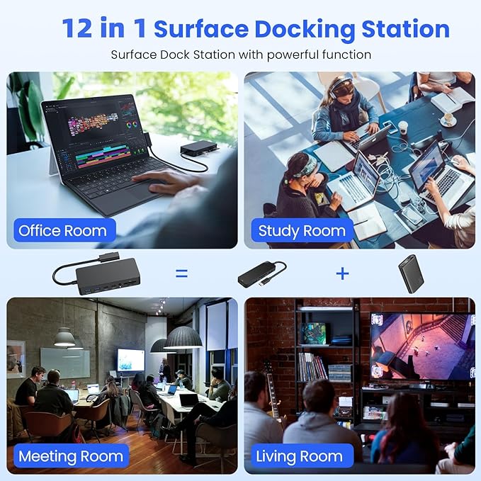 New Surface Dock Triple Displays 4K HDMI+DP+Thunderbolt 4 12 in 1 Surface Pro Docking Station with 120W Power Adapter for Surface Pro 11/10/9/8/X/7/6/5/4/3 Surface Laptop Surface Book Go