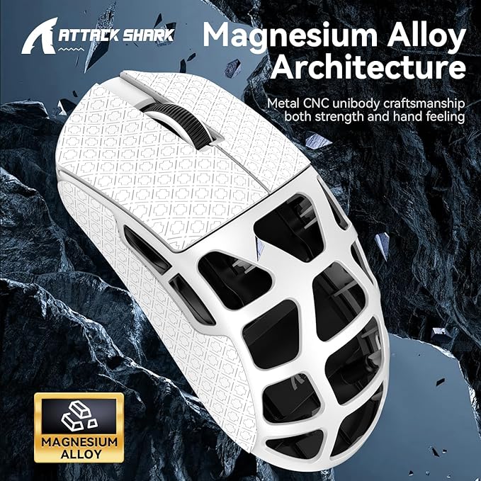FELICON x Attack Shark R3 Magnesium Alloy Wireless Gaming Mouse 46g Ultra-Lightweight Skeletal Shell PAW3395 26K DPI 8K Polling Tri-Mode 2.4G/BT/Wired for PC Mac Laptop - White &amp Griptape