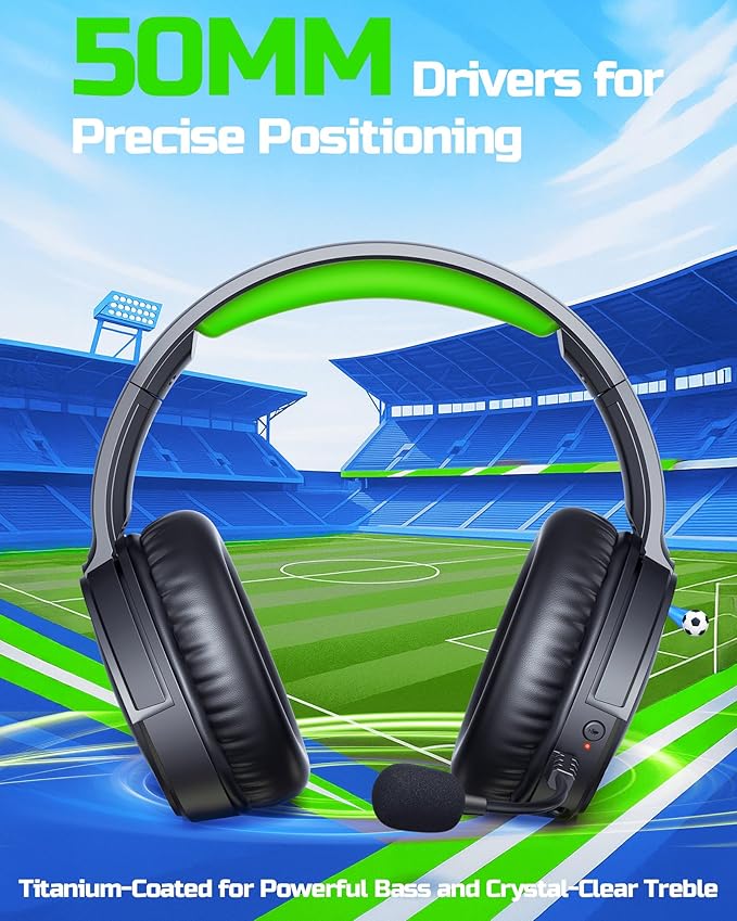 BINNUNE Wireless Gaming Headset — 2.4GHz Low-Latency USB Dongle + Bluetooth 50mm Drivers 7.1 Surround Noise-Cancelling Mic 40H Battery — Over Ear Wireless Headphones for PS5 PC Laptop Green