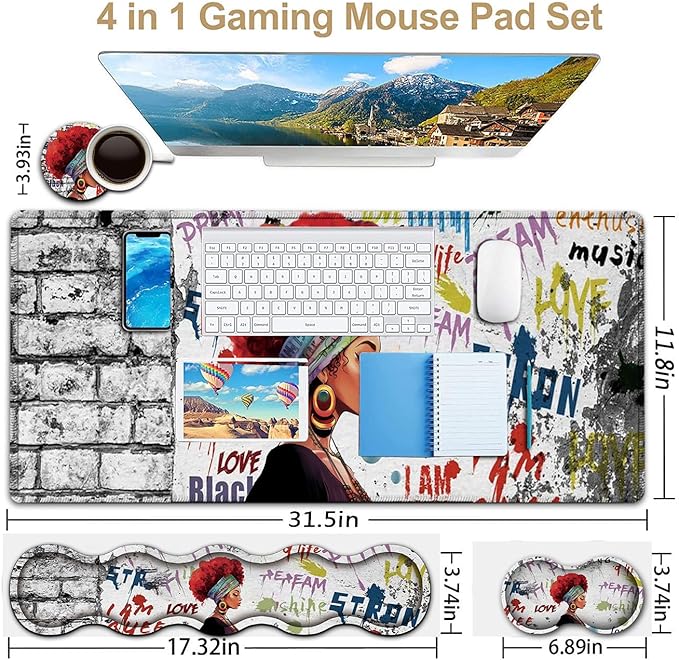 African Black Woman Graffiti Girls Desk Mat Extended White Laptop Table Protector Ergonomic Mouse Pad with Keyboard Wrist Rest Support