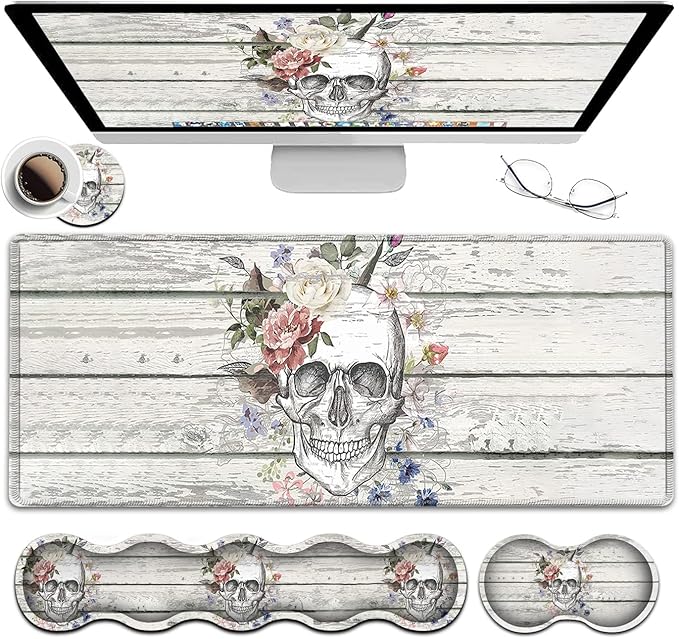 JVGFYNKL White Large Gaming Mouse Pad XXL Extended Ergonomic Memory Foam Keyboard Wrist Rest Stitched Edges Desk Mat(31.5x11.8 in) Skull Skeleton with Flowers on Vintage Wood Desktop Decoration