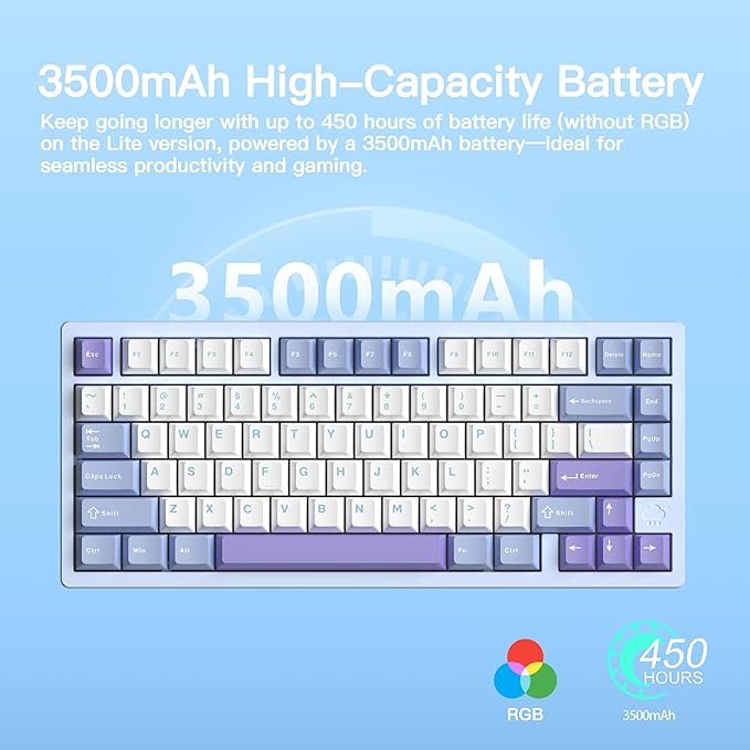 KEEBMONKEY WOBKEY Rainy 75 CNC Aluminum HMX/JWK/Cocoa Switches Triple-Mode Connectivity Mechanical Keyboard with Superior Acoustics RGB/PP/Gradient Glass/3500mAh/Violet Switch (Standard - Blue)