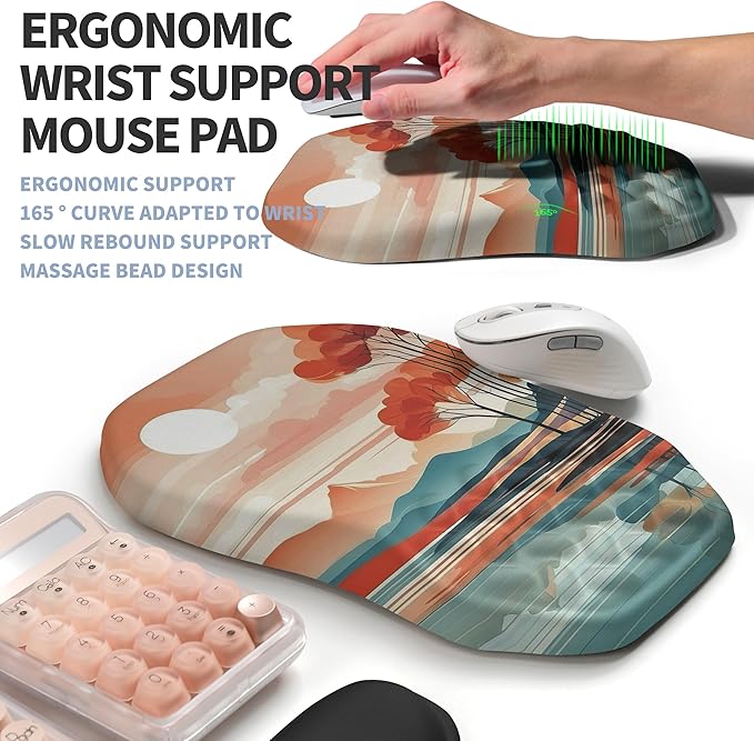 2-in-1 Ergonomic Set Wave Keyboard Wrist Rest and Massage Slope Mouse Pad Wrist Support Rebound Memory Foam for Relieve Carpal Tunnel Syndrome and Wrist Pain (Landscape)