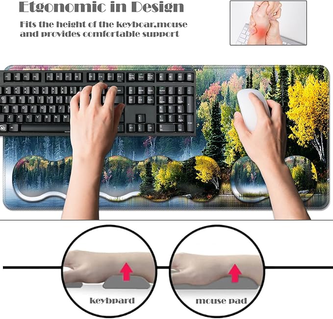 Ergonomic Keyboard Wrist Rest &amp Mouse Pad Wrist Rest SetXL Gaming Desk Mat 31.5x 11.8Non-Slip BaseMemory FoamEasy Typing Pain Relief for Office &amp HomeBird on Lake with Forest