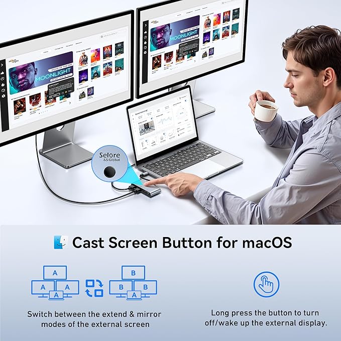 Selore USB C Docking Station 3 Monitors USB C to Dual HDMI VGA Adapter with One-Touch Multi-Screen Switch and Screen On/Off Button HDMI Splitter Converter for Dell HP LenovoMacBook Pro/Air etc