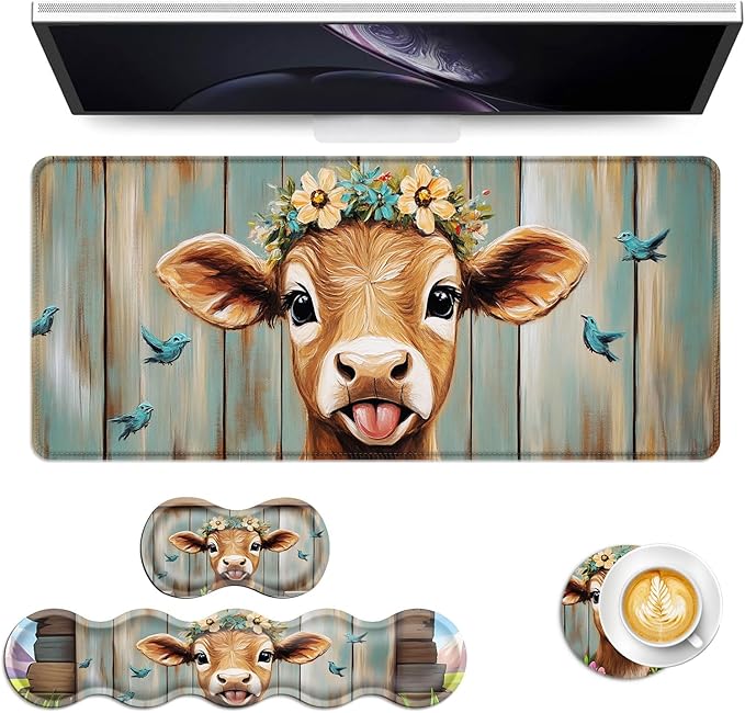 Keyboard Mouse Pad Set Extended Gaming Mouse Pad+Ergonomics Keyboard Wrist Rest Support Memory Foam Easy Typing Pain Relief 4Pcs XL Ultra Thick Desk MatFlower Crown Calf Blue Birds