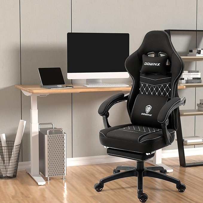 Dowinx Gaming Chair Breathable Fabric Game Chair with Gel Pad and Storage Bag Comfortable Gamer Chair with Pocket Spring Cushion Ergonomic Computer Chair with Footrest Black