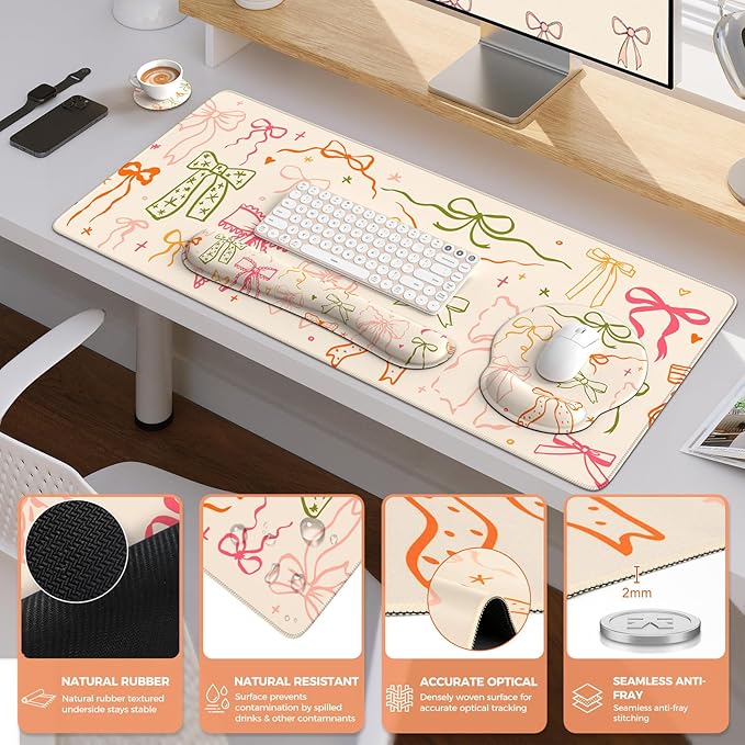 iCasso Desk Mat Large Mouse Pad Wrist Support Set XXL Large Mousepad + Keyboard Wrist Rest+Mouse Wrist Rest+Coastert with Ergonomic Design for Home Office Computer