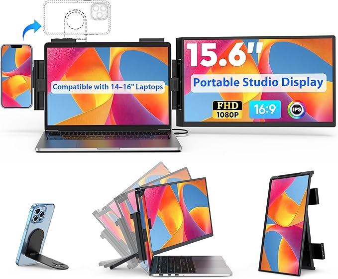 HONGO Portable Studio Display 15.6 FHD IPS 1080P Monitor — Laptop Screen Extender &amp Phone/Pad Mount for 14–16 Laptops Turn Phone into Webcam + Keyboard Control (Third‑Party App Required)