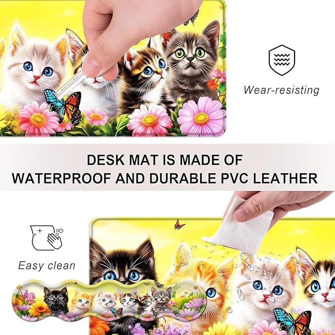 Mouse PadLarge Desk Mat Set 4in1 XL Mousepad + Keyboard Wrist Rest+Mouse Wrist Rest+Coaster with Ergonomic Desk Pad for Home Office Table Computer Cover -Kittens Flowers Butterflies