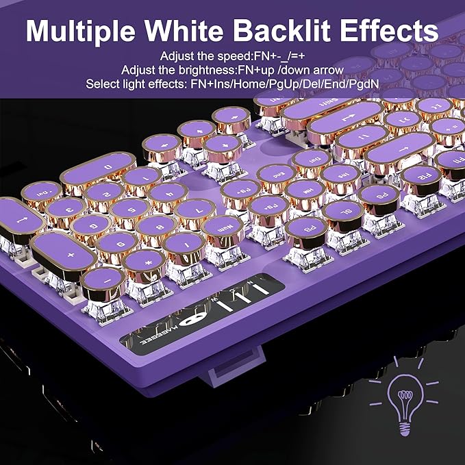 MageGee Typewriter Mechanical Gaming Keyboard Retro Punk Purple Round Keycaps 104 Keys LED White Backlit Wired Keyboards for Laptop MAC PC Gamer with Magnetic Wrist Rest Blue Switch