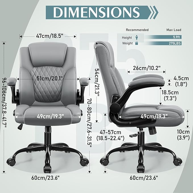 Leather Office Chair Ergonomic Back Support PU Home Office Desk Chair - 360° Free Swivel Compact Gaming Chair with Rolling Wheels &amp Adjustable Armrests